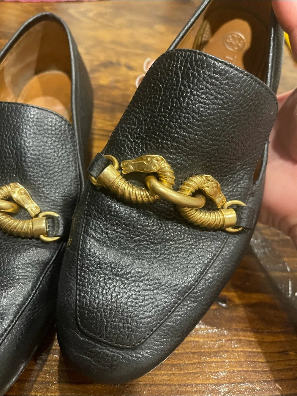 Tory Burch Black Pebbled Leather Loafers with Gold Horsebit Detail